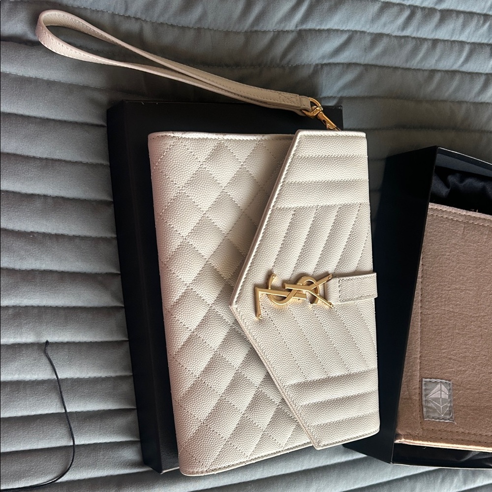 Yves Saint Laurent Mixed Matelasse Leather Flap Wristlet in Crema Soft